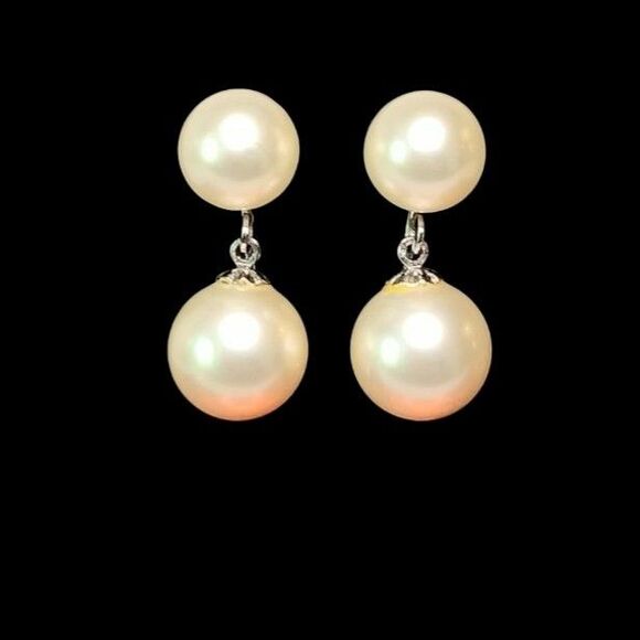 Vintage Double Faux Pearl Dangle Clip On Earrings Maravella Silvertone - Picture 1 of 5